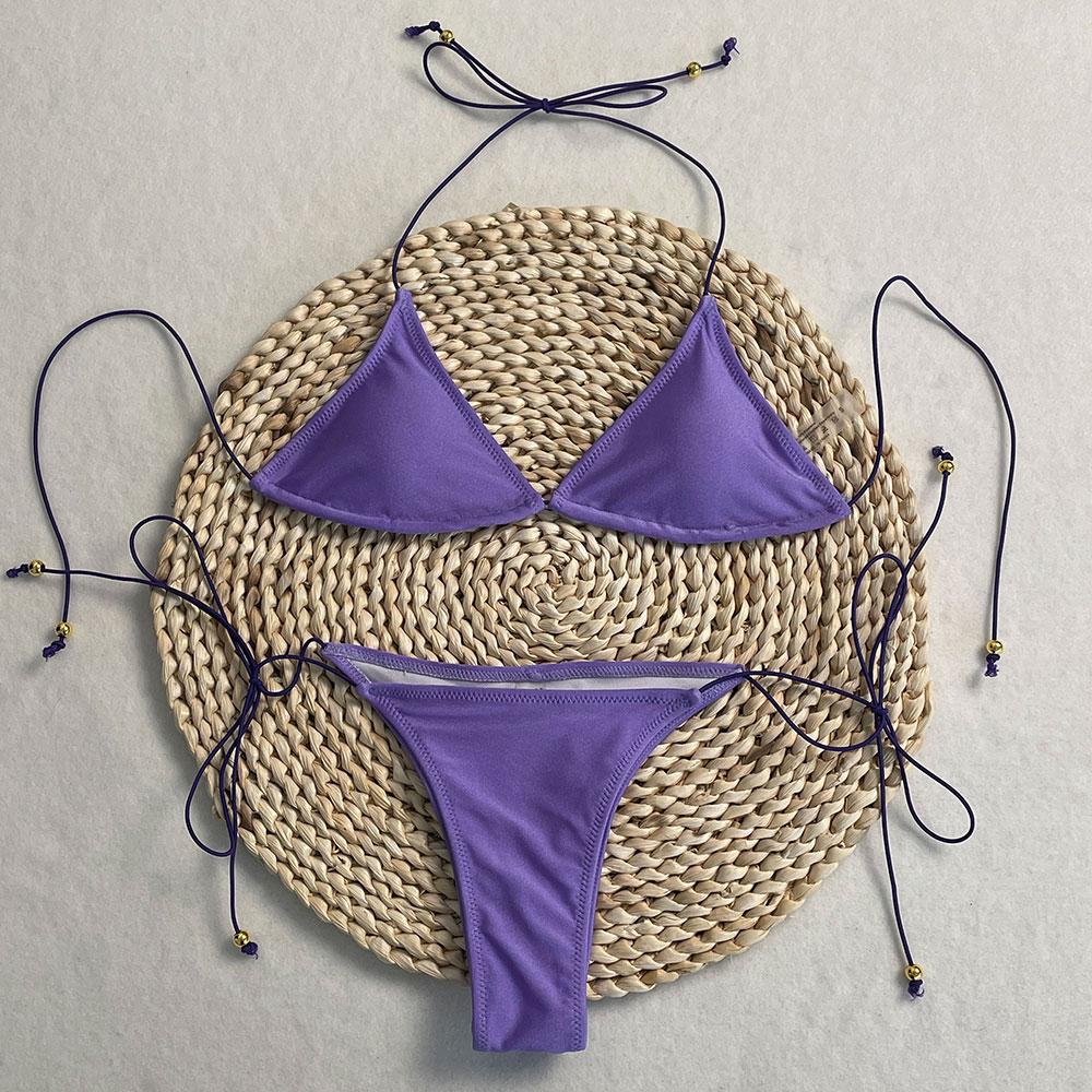 

OFTBUY Сексуальный комплект бикини со шнуровкой и бретелькой через шею, новый купальник из двух частей с плотной веревкой 2025 года, регулируемый женский купальный костюм, пляжная одежда L фиолетовый