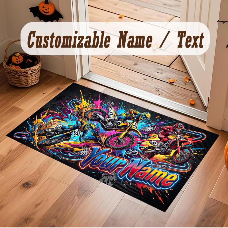 Motorcycle Biker Theme Soft Crystal Velvet Rug Custom Name & Text Print Non Slip Floor Rug for Bedroom Living Room