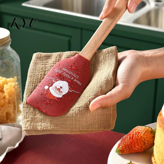 Cookie Dough Mixing Tool Silicone Spatula with Wooden Handle, Christmas Tree/Snowman/Santa Claus/Elk Pattern Themed Kitchenware Decor, Heat Resistant