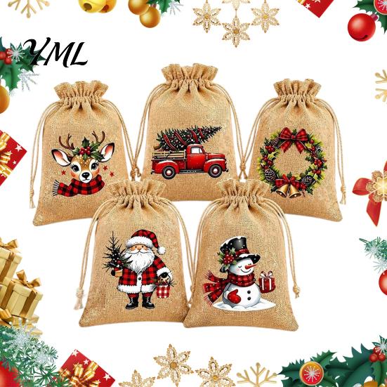 Christmas Craft Supplies Jute Burlap Gift Bags, Drawstring Treat Candy Mini Advent Calendar Bags Bag, Reusable Linen Packaging Pouch for Holiday Party