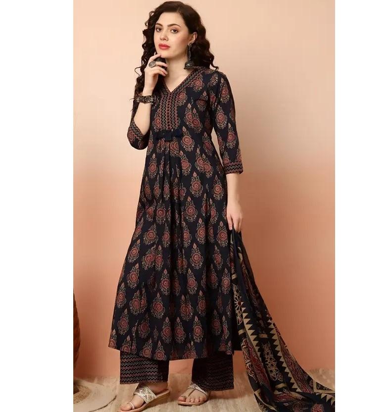 Donna Designer Top Tunica Stampa Floreale Kurta, Palazzo e Dupatta Set