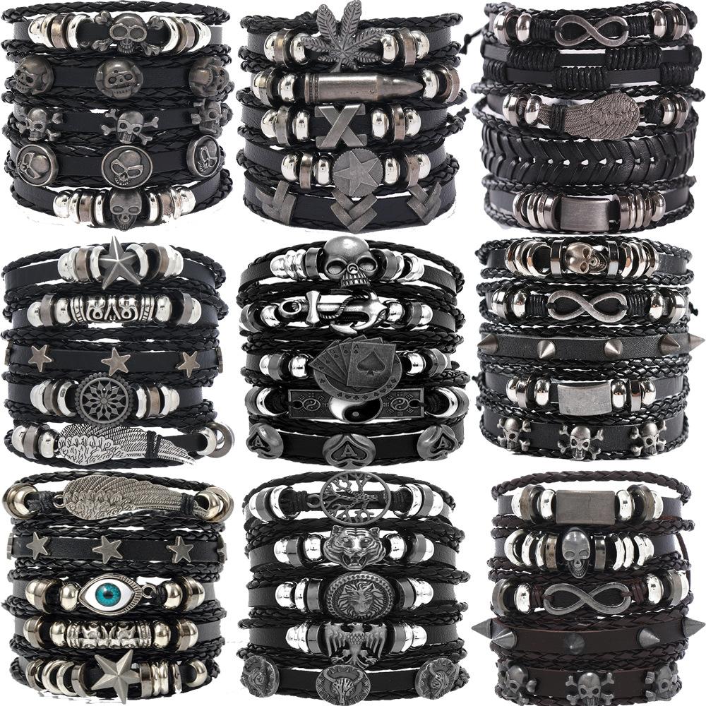 Alloy Men's Bracelet, Multi-layered Leather Skull Bangle, Viking Bracelet