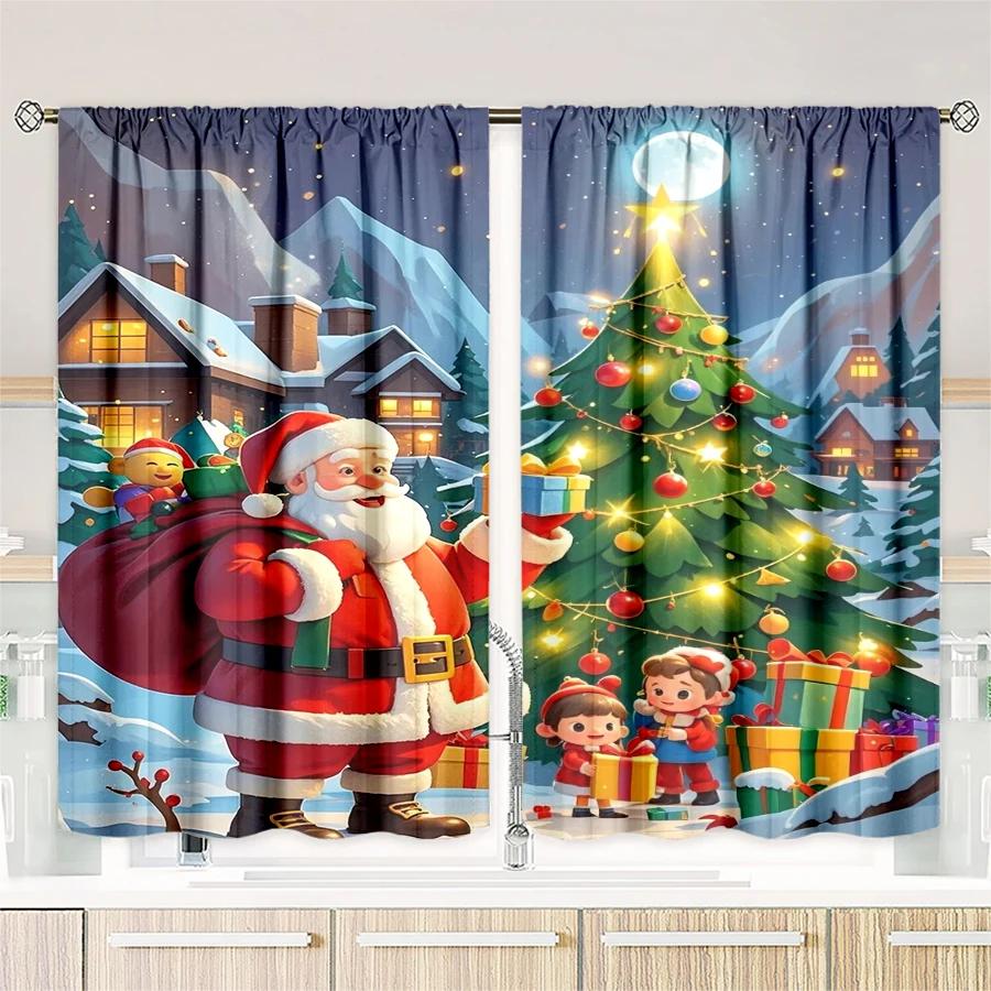 2PCS- Christmas Santa Claus Christmas tree pattern printed curtains   Christmas decorations   home decorations   room decorations