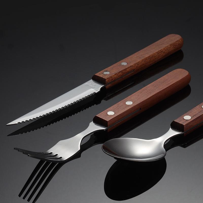 304 stainless steel wooden handle tableware, knives, forks and spoons, western food tableware set, wooden heat insulation handle housewarming gift