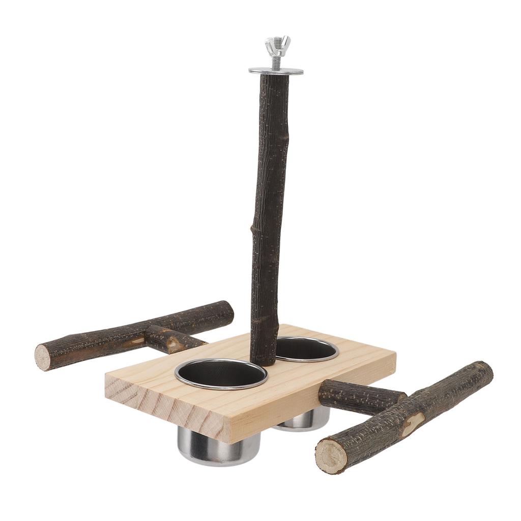 Wooden Perch Stand Hanging Bowls Bird Food Stainless Steel Cups Wood Perch Stand Hanging Feeder