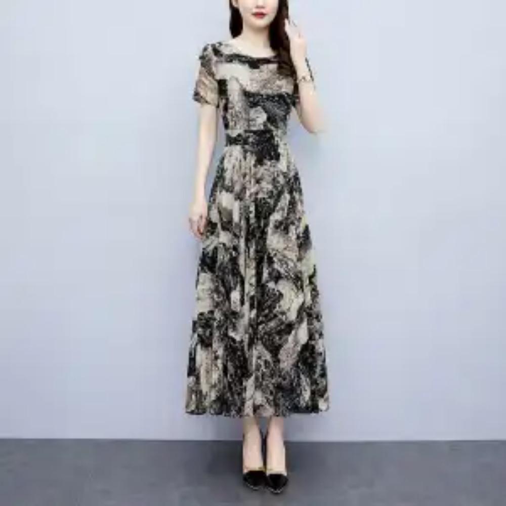 Elegant Fashion Harajuku Slim Fit Female Clothes Casual All Match A-line Skirt Patchwork Printed O Neck Short Sleeve Dresses