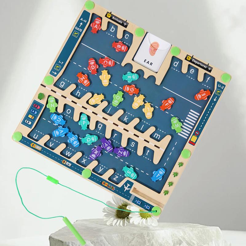 Holz Montessori Kinderspielzeug Magnetisches Alphabet Flugzeug Positionslabyrinth Lernspielzeug Zuordnungsspielzeug Geschenk für Kinder