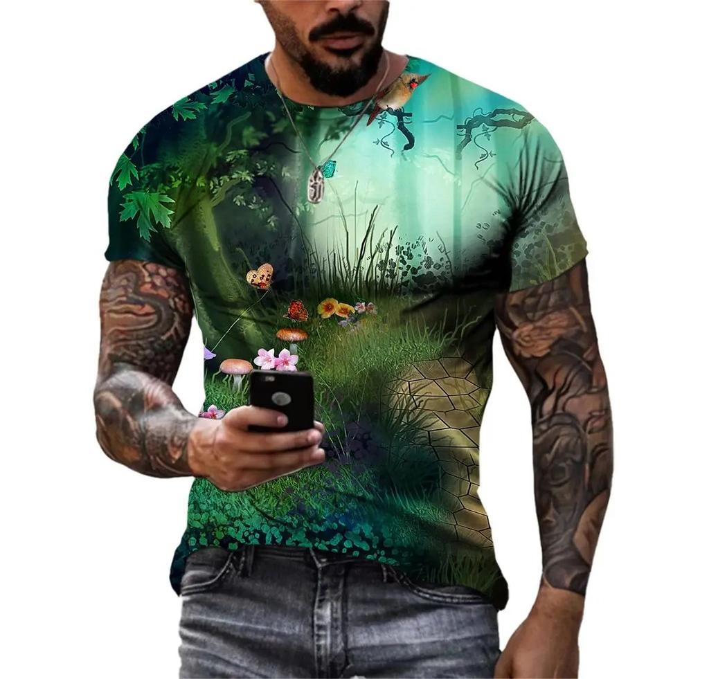Fashion Casual 3d Printed Nature Landscape Pattern Summer Men Interesting Trend Plus Size Street Personality Harajuku Loose Top