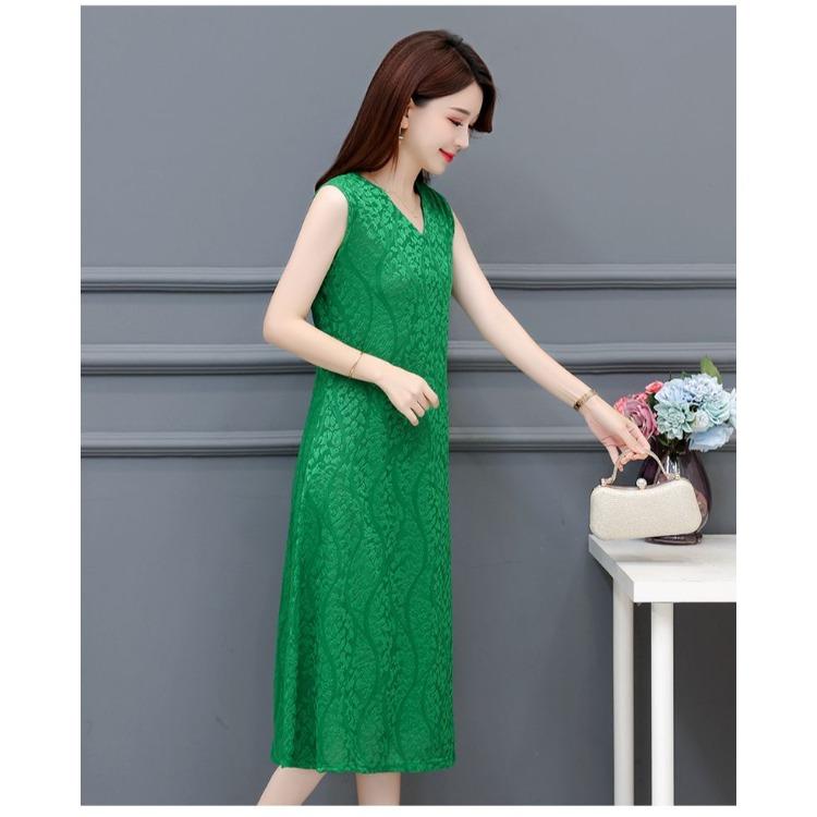 Fashionable V-Neck Sleeveless Dress Elegant Long Vest Dress Breathable Jacquard Fabric Stretchy Summer Dress