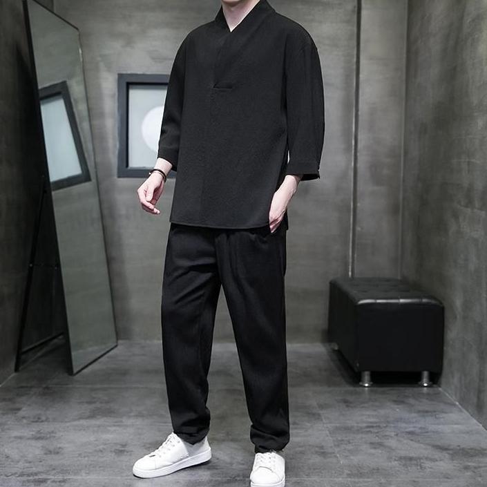 Summer Suit Ice Silk Men's Thin T-shirt Men's Short-sleeved Loose Large Size Tang Suit Two-piece Suit