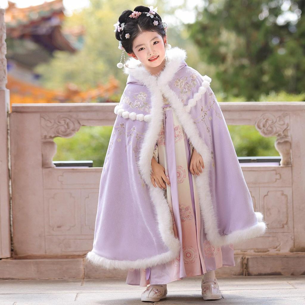 Girls' Winter Plush-Lined Hanfu Dress - Traditional Tang Suit Skirt for Autumn/Winter 2025 New Year
