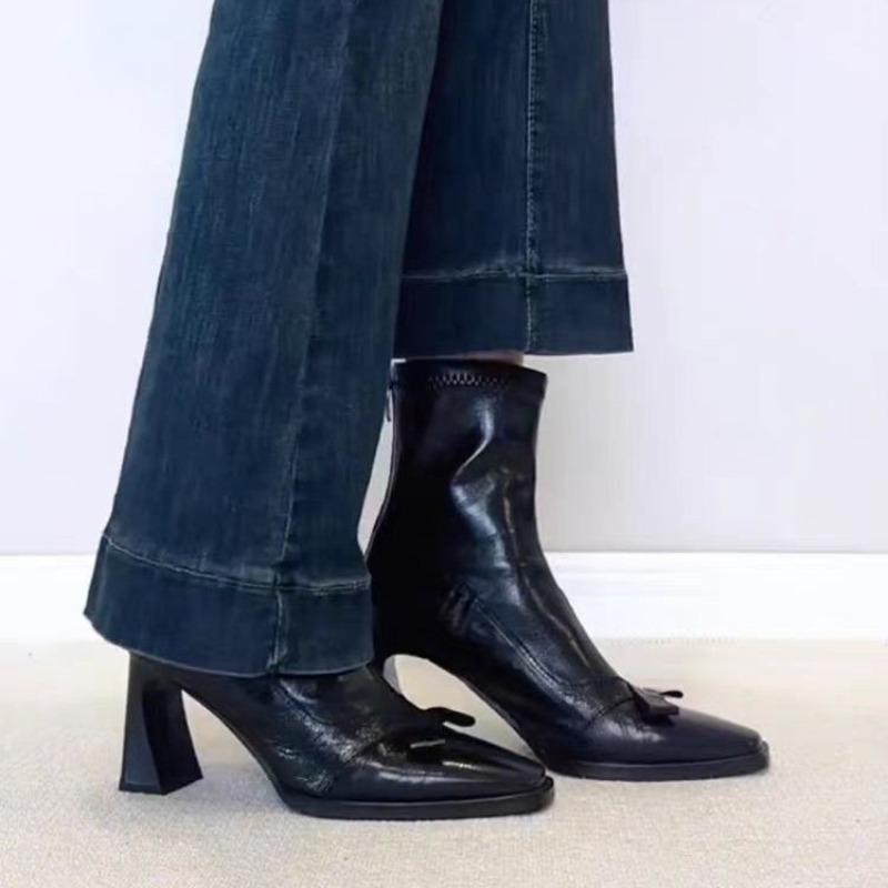 

Женские Сапоги Высокие Каблуки Сапоги до середины икры Бант Элегантные Ретро Туфли Зимнее Платье Женские Ботас 2025 Новый Тренд Бренд Zapatillas 35 чёрный