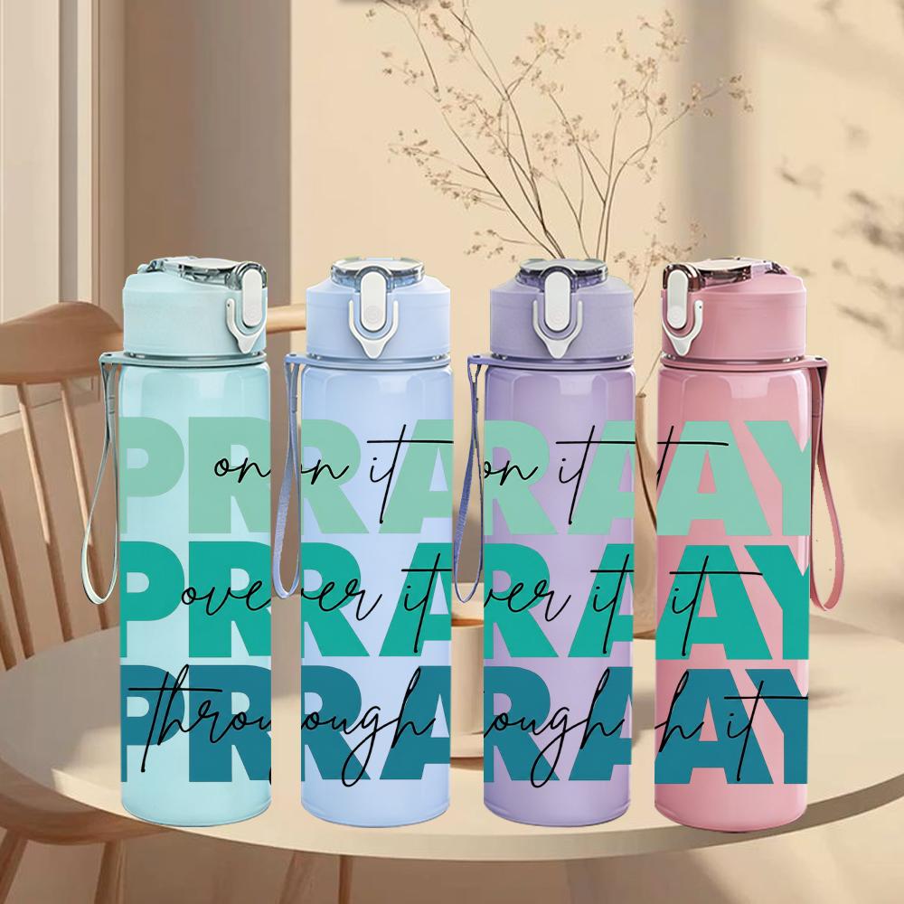 1PC Pray Pray Pray Green Lettering 750ml Color Plastic Water Bottle Leakproof Flip Straw Lid For Sports Office Home Use