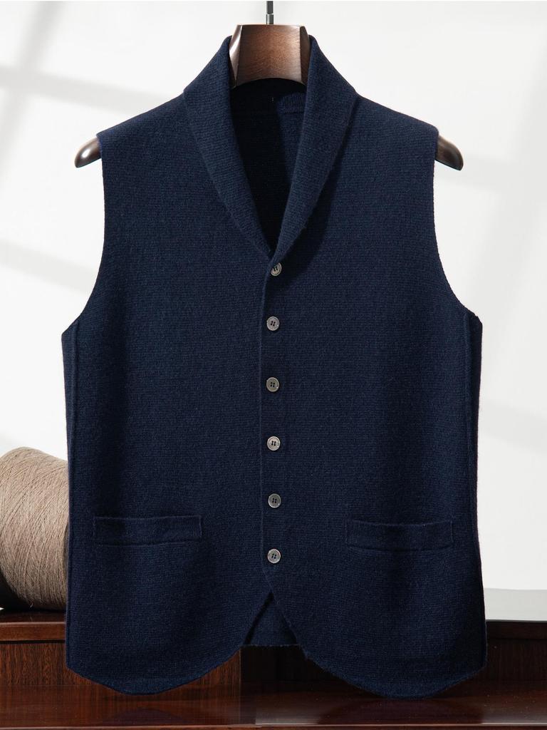 Men's Blue & Green Cashmere Vest: Button-Up Sleeveless Cardigan with Business Lapel, Casual Layering, Four-Way Stretch.
