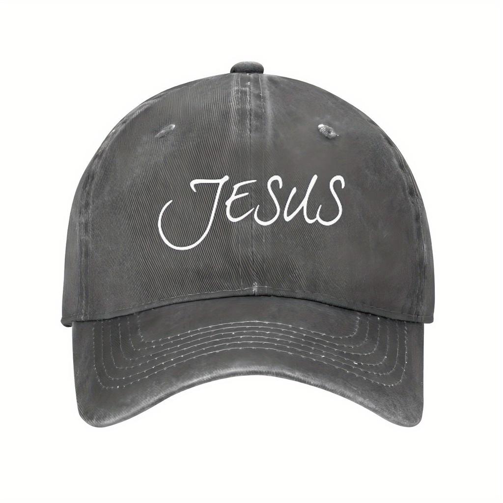 Jesus Cursive Lettering Baseball Cap Polyester Distressed Casual Unisex Hat for Church Events