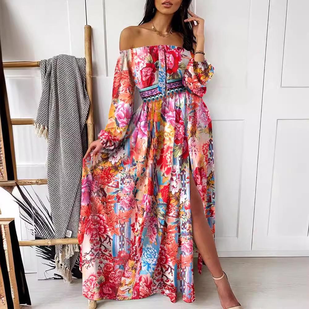 V-neck Vintage Long Sleeve Slit Dress with European & American Print