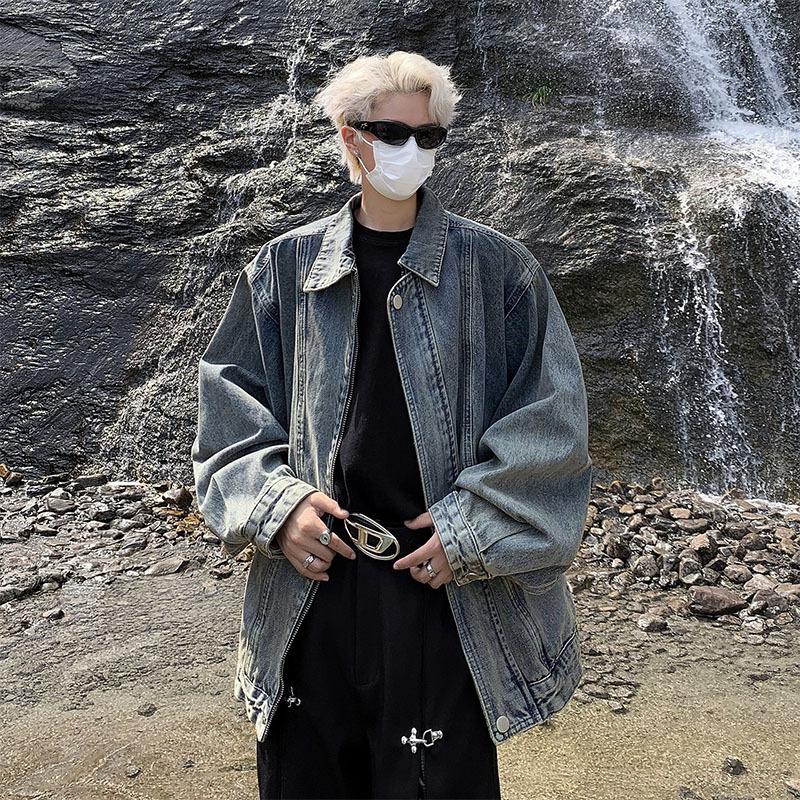 

Men s spring and autumn new denim jackets, men s American high street vintage ruffians, casual loose lapel jackets M