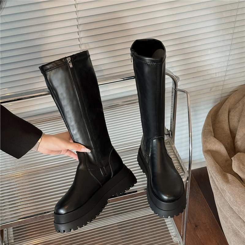 

Интернет знаменитости толстые подошвы кексы эластичные сапоги женские 2024 осень и зима корейская версия новых высоких трубчатых тонких сапог рыцарские сапоги не 40 чёрный