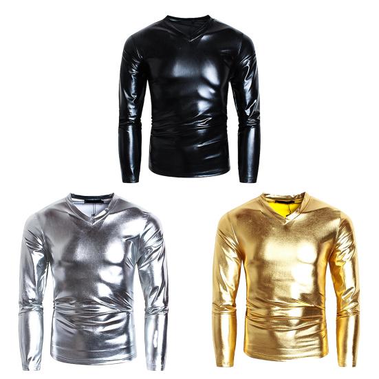 Erkek T-shirt Parlak Görünüm Düz Renk Uzun Kollu Üst V Yaka Slim Fit T-shirt Gece Kulübü Parti Performansı Kostümleri