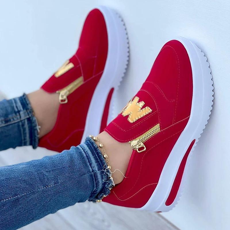 Vulcanized Shoes for Women Side Zipper Platform Tennis Female Sneakers Flat Shoes Solid Pu Leather Non Slip Shoe Chaussure Femme