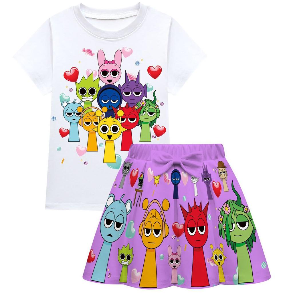 New Rhythm Box Spronki Plush Girls' Short Sleeved Pleated Skirt Fashionable Comfortable Summer Cartoon Cute Short Sleeved Printed Set
