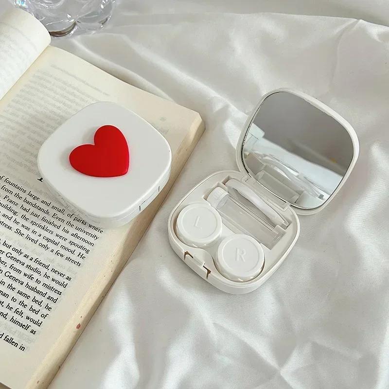 Women Colored Heart Contact Lens Case with Mirror Pink Eyes Care Contact Lens Container Travel Eyewear Accessories Organizer