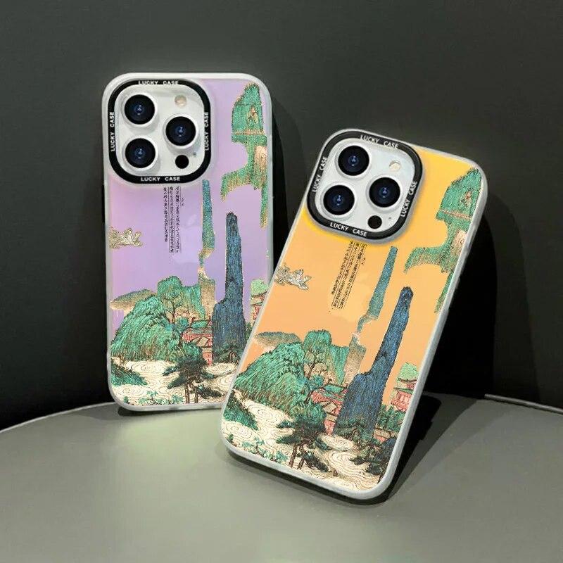 Husa pentru telefon peisaj pentru iPhone 12 Husa iPhone 13 11 15 14 Pro Max XR XS X 7 8 Plus SE 2020 Husa moale rezistenta la socuri cu peisaj laser