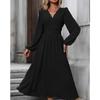 Polyester V Neck Lantern Sleeve Pleated A Line Dress For Autumn Winter Fashion