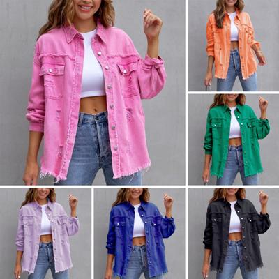 Women Jacket Ripped Pocket Decor Solid Color Single-breasted Long Sleeve Hip Hop Streetwear Lapel Loose Vintage Women Spring Fall Coat
