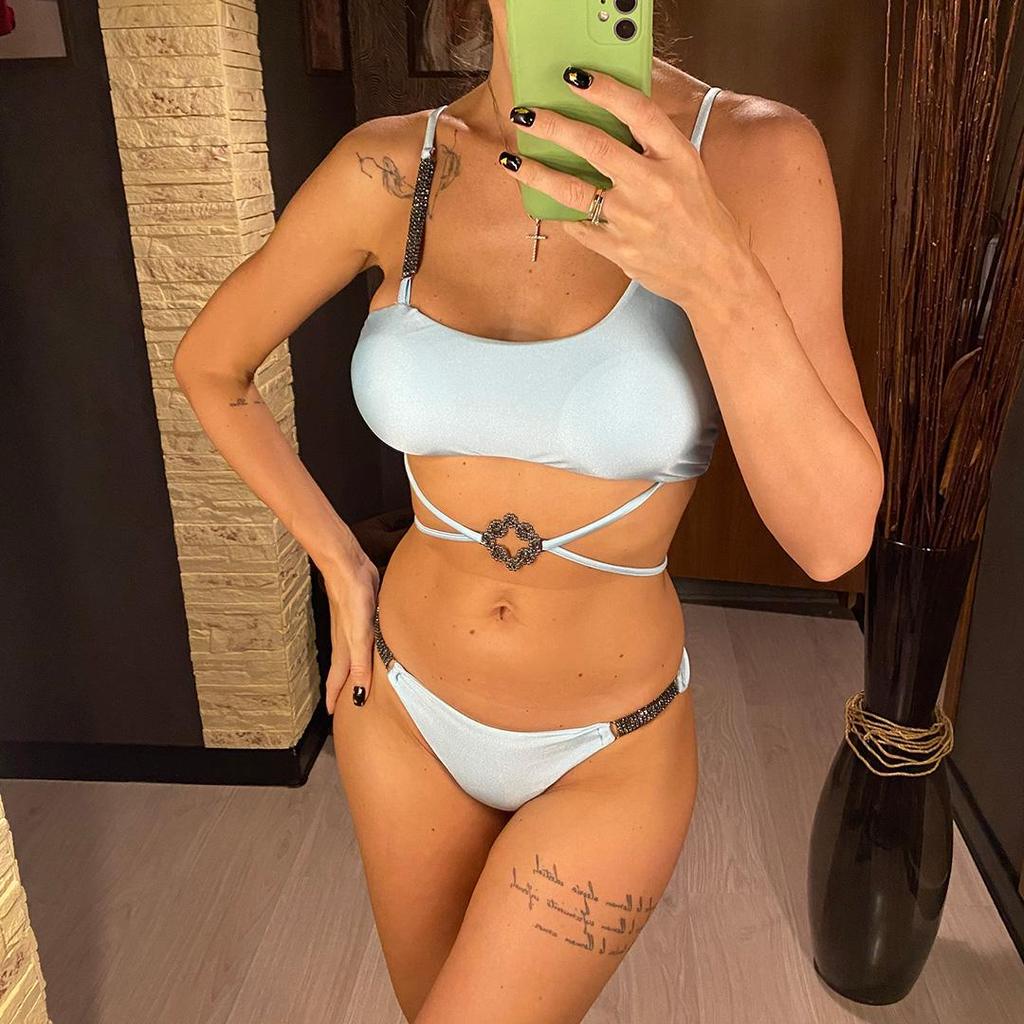 Asymetryczny strój kąpielowy ze strasami damski strój kąpielowy damskie stroje kąpielowe dwuczęściowy zestaw bikini Scrunch Butt kąpiący strój kąpielowy pływać