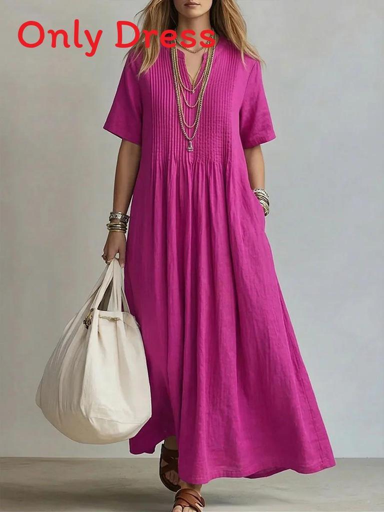 Maxi Abito in Cotone e Lino con Scollo a V e Maniche Corte per un Look Casual Estivo
