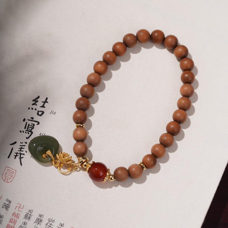 India Sandalwood 0.6 Round Buddhist Bead Bracelet with Hetian Jade Pendant