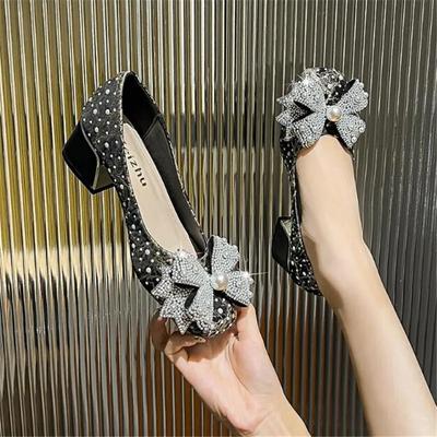 2024 New Women Shoes Thick Heel Square Toe Rhinestone Shallow Mouth Women Shoes Large Size 43 Women's Wedding Shoes