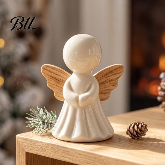 Small Statue Gifts for Her Minimalist Angel Figurine with Wood Texture Wings, Compact Statue, Figurines Home Decor Decorative White Sculpture