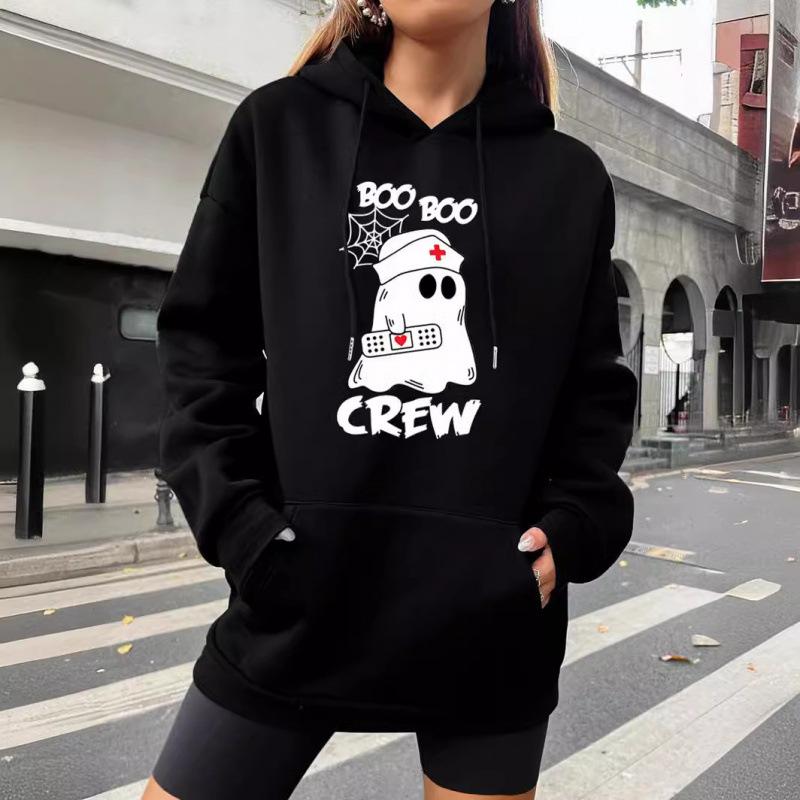 Ladies Spring Autumn Casual Hooded Long Sleeve Big Pocket Halloween Ghost Nurse Printed Pullover Hoodies Sweatshirt Top