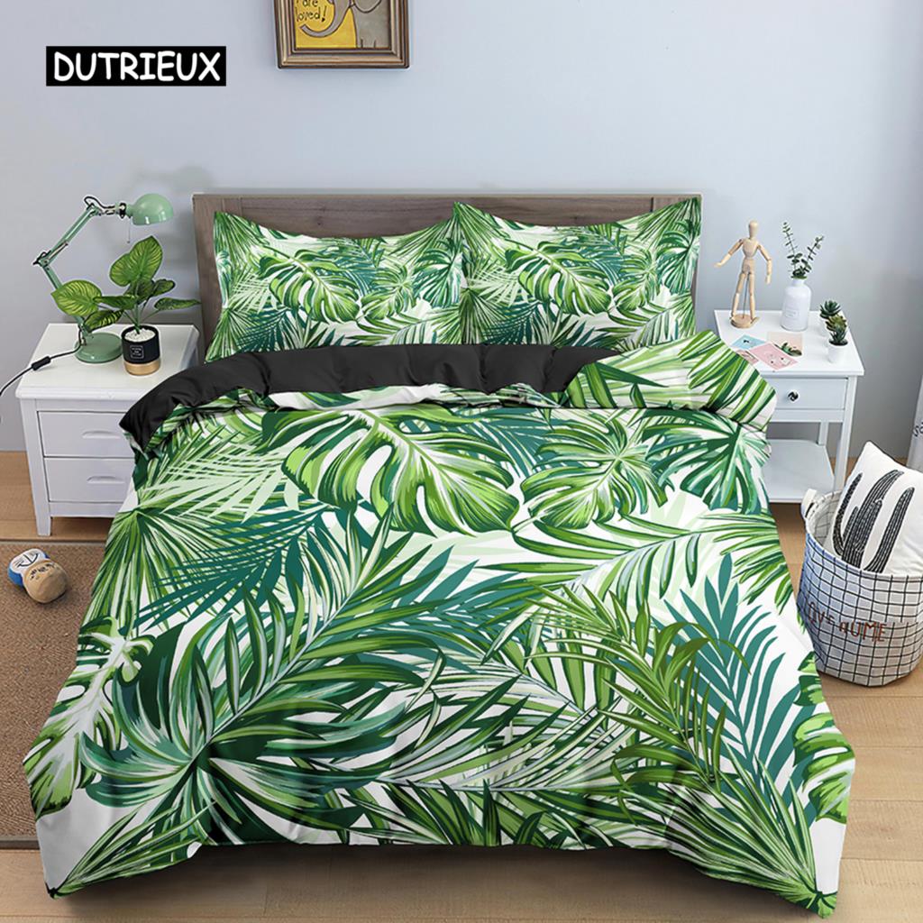 Tropical Palm Leaf Duvet Cover Colorful Leaves Comforter Cover Set Rain Forest Jungle Plant Bed Covers For Women Men Kids Teens