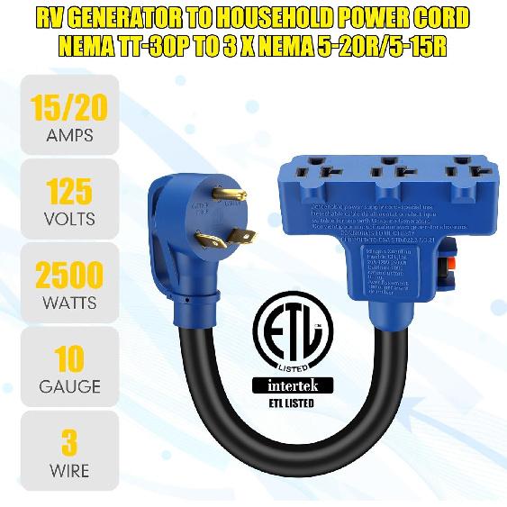 Kanayu Overload Protector 30 Amp to 110V RV Generator Distribution Adapter Cord Compatible with NEMA TT-30P to 3X 5-15R/5-20R, 30A to 15/20A,