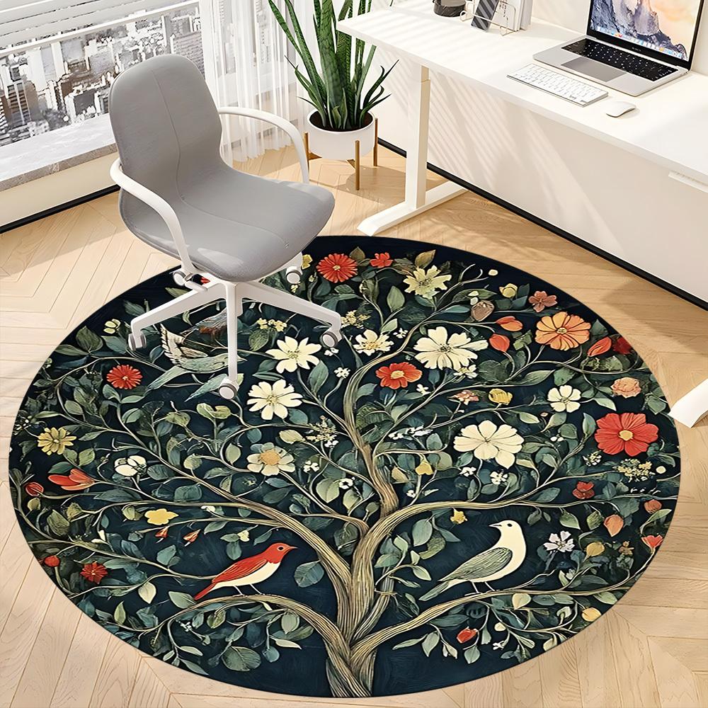 1PC Floral Tree Birds Office Round Area Rug,  Mat Suitable ForOffice, Under Office Chairs Bedroom Living Room Home Decor, Room Deco