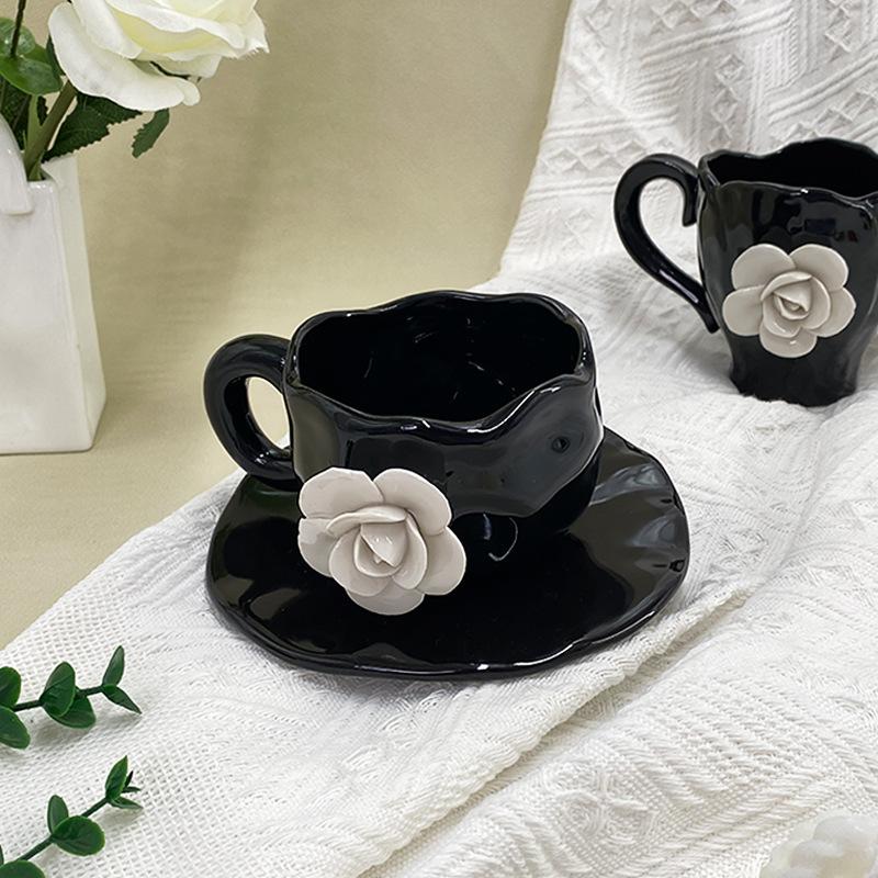 Creative French Style Camellia Coffee Cup With Saucer Handcrafted Irregular Flower Black Ceramic Mug Korean 3d White Rose Cup
