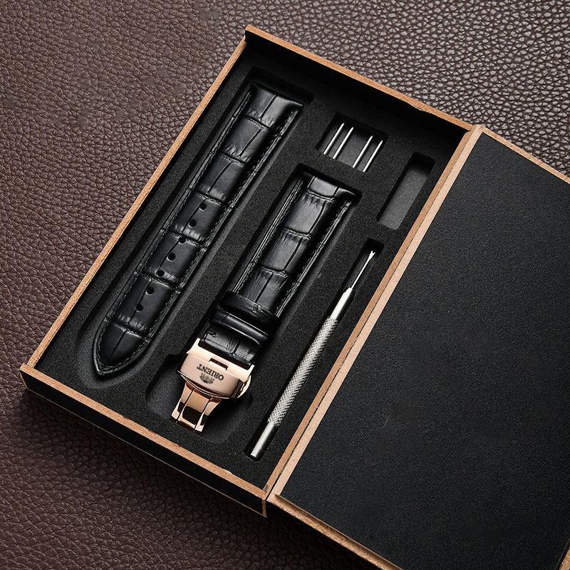 Orient Genuine Leather Watch Strap Black with Black Stitching Rose Gold Butterfly Clasp Replacement Band for Men Women Watches 5065405150232