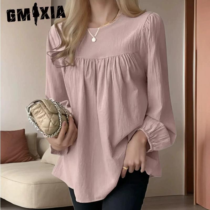GMXIA Women's Fashion Casual Solid Color Print Long Sleeve O Neck Blouses & Shirts