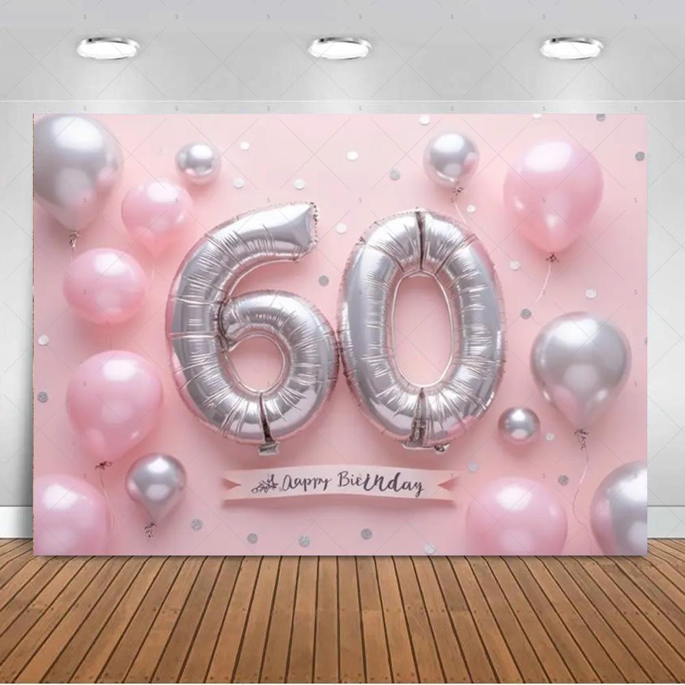 60 Years Old Backdrop Supplies Gold Pink Balloons Glitter Background Banner 60th Birthday Party Decorations Photography Props