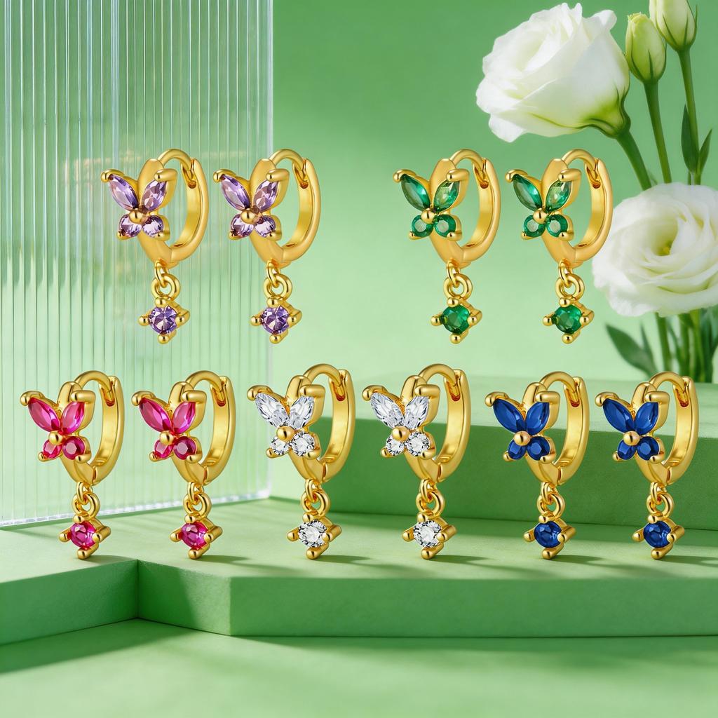 Colorful Zircon Pendant Butterfly Hoop Earring For Women, Gold Plated Tiny Huggies Earrings,Fashion Elegant CZ Dangle Jewelry