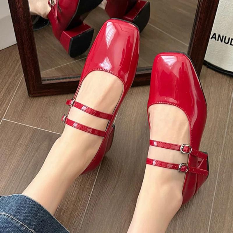 Square Toe Women Mary Jane Shoes Ladies Fashion Shallow Thick High Heel Women's Elegant Red Ballerinas Party Shoes