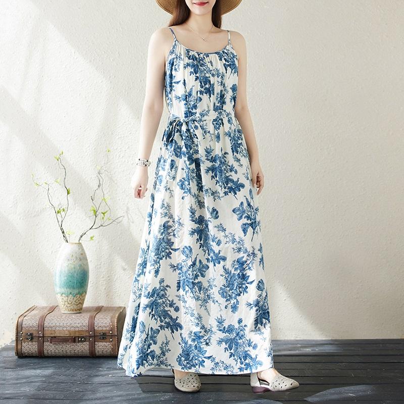Bez rukávů, ramínka, plus size, bavlněné, vintage, květinové, nové, šaty pro ženy, ležérní, volné, dlouhé, letní,...