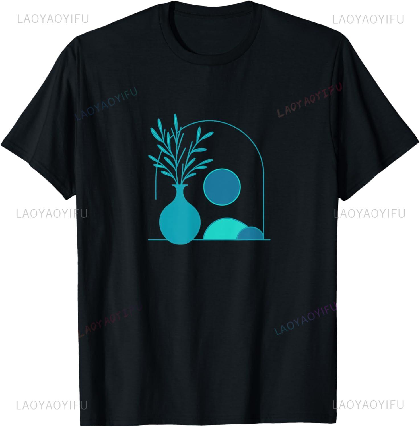 Minimalist Line Art Geometric Blue Green Botanical TShirt Print on DeUnisexd Kawayi Funny Shirt Camisas Streetwear S