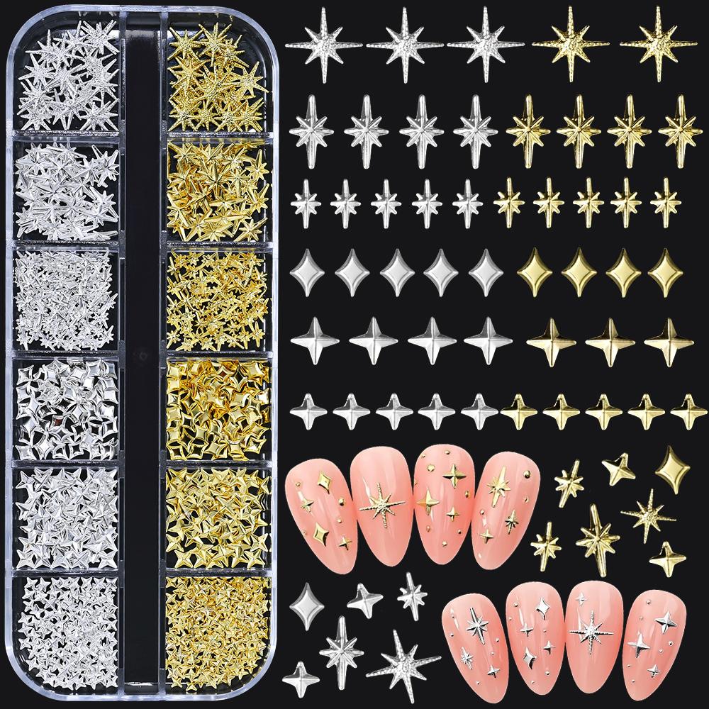 

1000Pcs-12grids 3D Gold Silver Star/Cross Nail Rivet Studs Alloy Metallic Starlight Nail Charms Y2K 3d Cross/Star Manicure Rivet 1