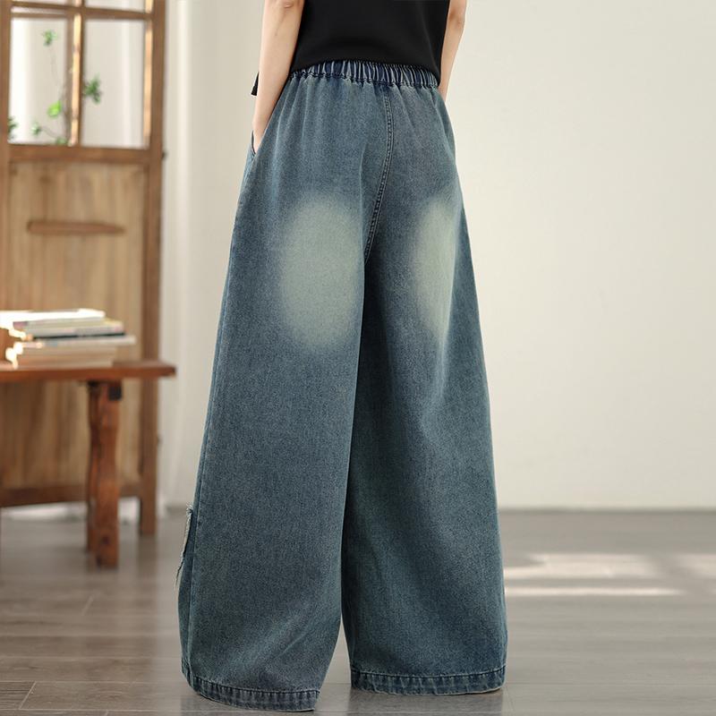 DIMANAF 2026 Summer New Plus Size Women Jeans Elastic Waist Long Pants Loose Casual Denim Cotton Trousers Blue Pants