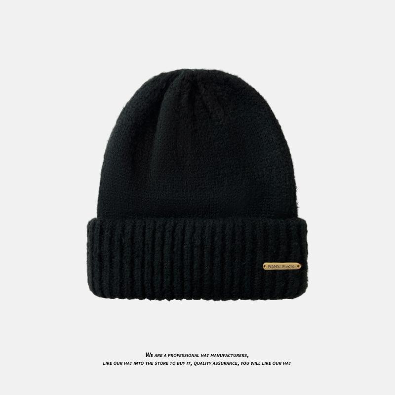 Wool Warm Pile Hat Women's Autumn and Winter Korean Style Trendy Metal Label Knitted Hat Men's Face Revealing Small Loose Thick Wool Hat