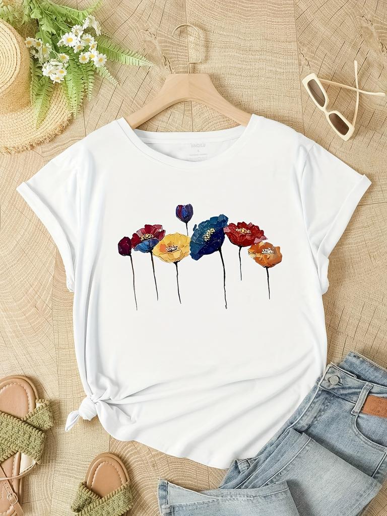 T-Shirt mit Blumendruck, Rundhalsausschnitt, lässiges Kurzarm-T-Shirt für Frühling & Sommer, Damenbekleidung, Unisex